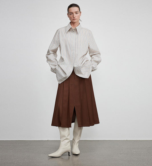 High-End Draped Long Shirt – Elegant Two-Button Straight Fit with Embroidered Cuffs