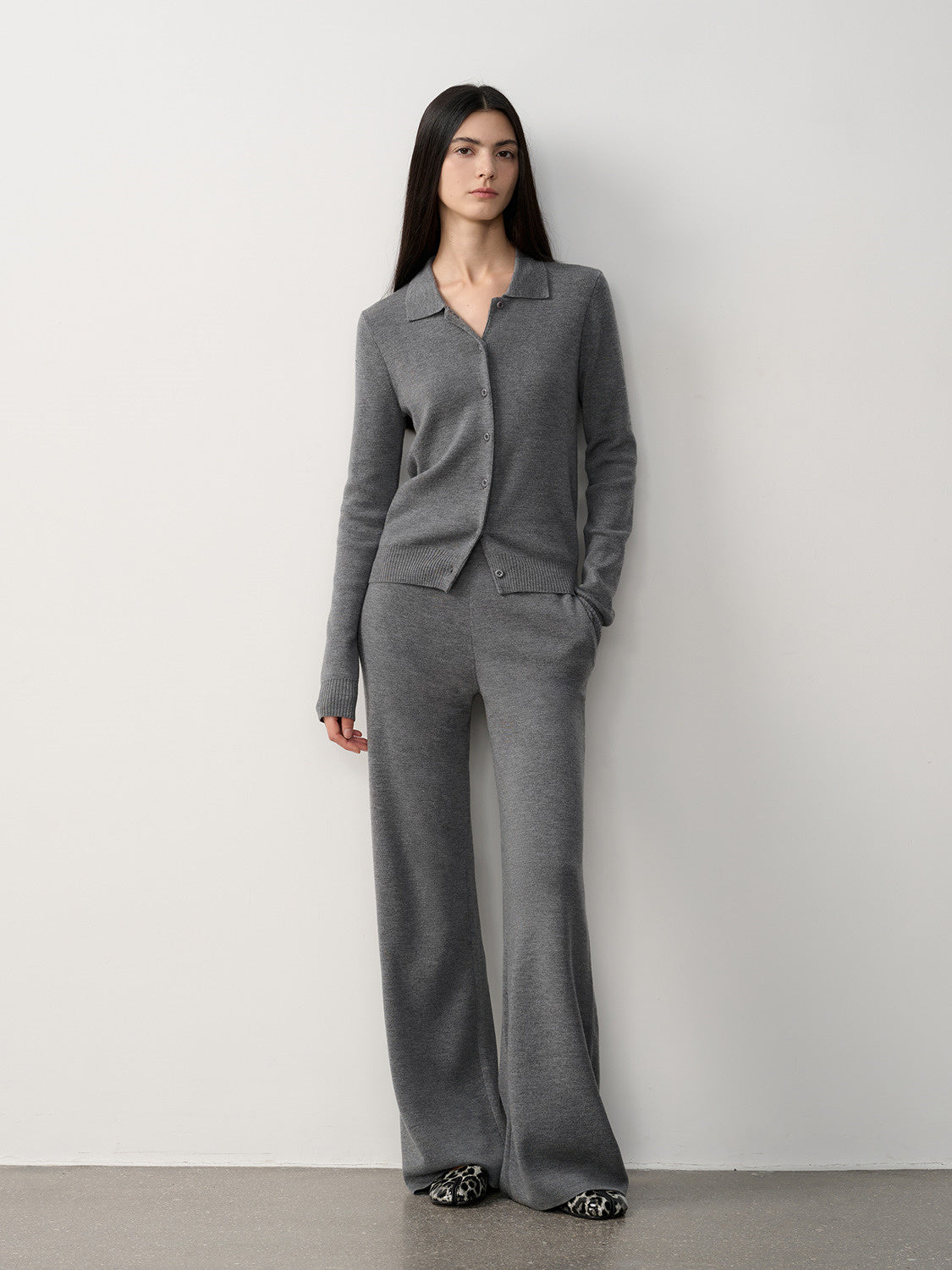 Merino Wool Knit Set – Polo Cardigan & Straight-Leg Pants
