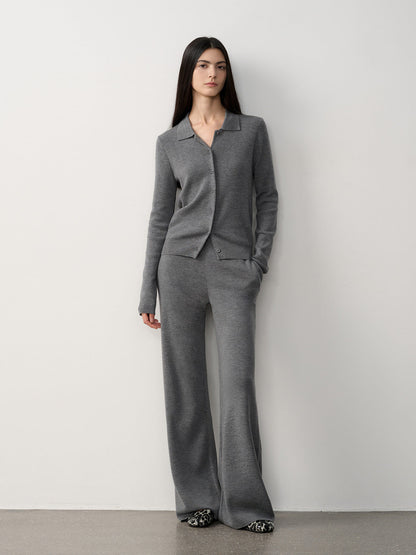 Merino Wool Knit Set – Polo Cardigan & Straight-Leg Pants