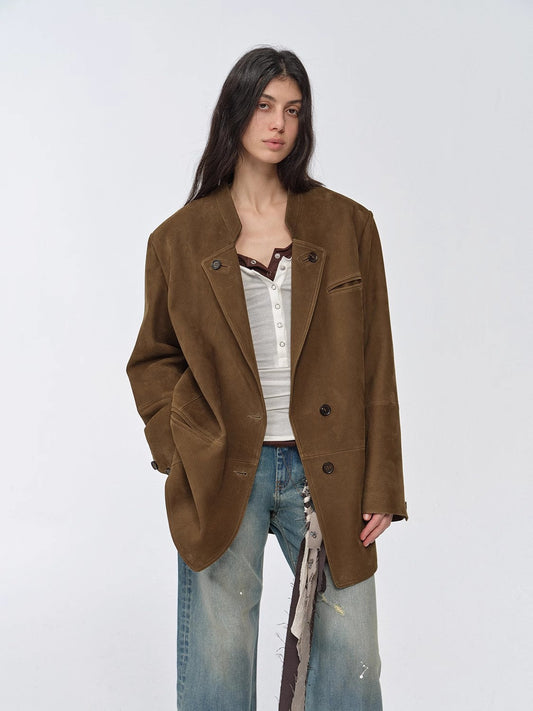 Vintage Nubuck Goatskin Leather Mid-Length Suit Jacket – Retro Heritage Meets Modern Elegance