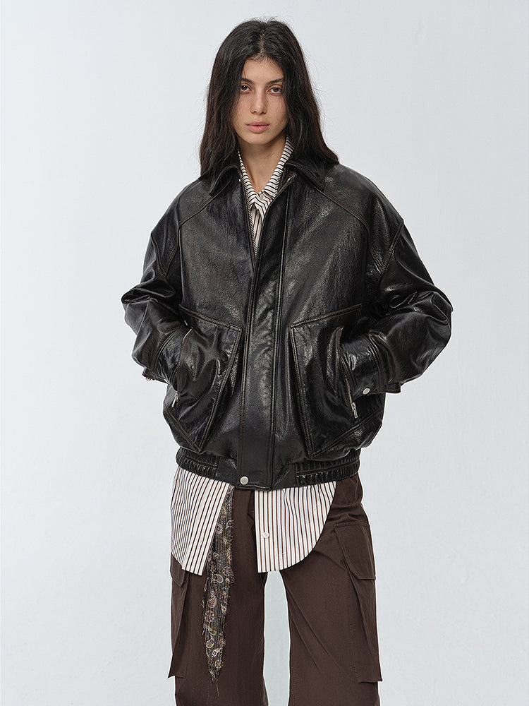 Retro and Fashionable Imported Waxed  Leather Bomber Jacket