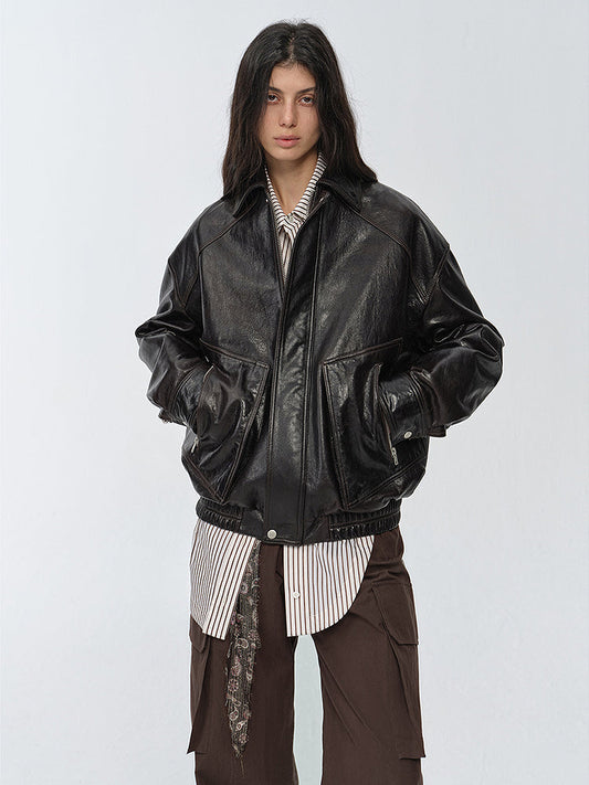 Retro and Fashionable Imported Waxed  Leather Bomber Jacket