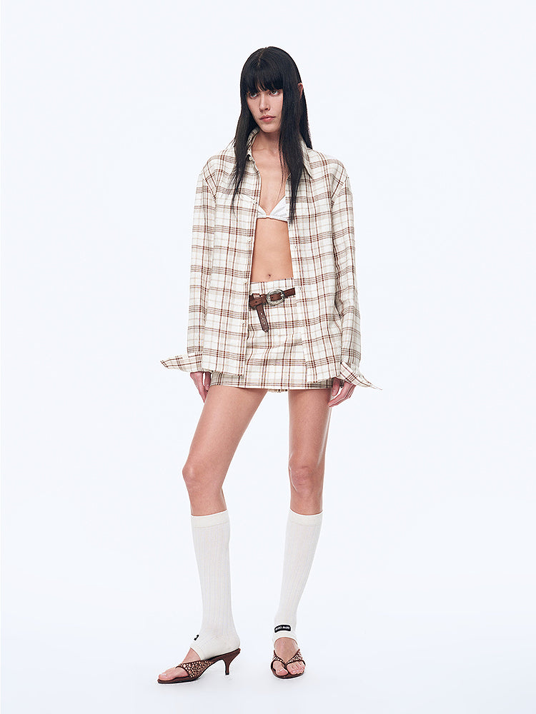 Plaid Sketch Vintage Linen Two-Piece Set – Retro Check Shirt & Skirt
