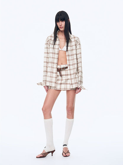 Plaid Sketch Vintage Linen Two-Piece Set – Retro Check Shirt & Skirt