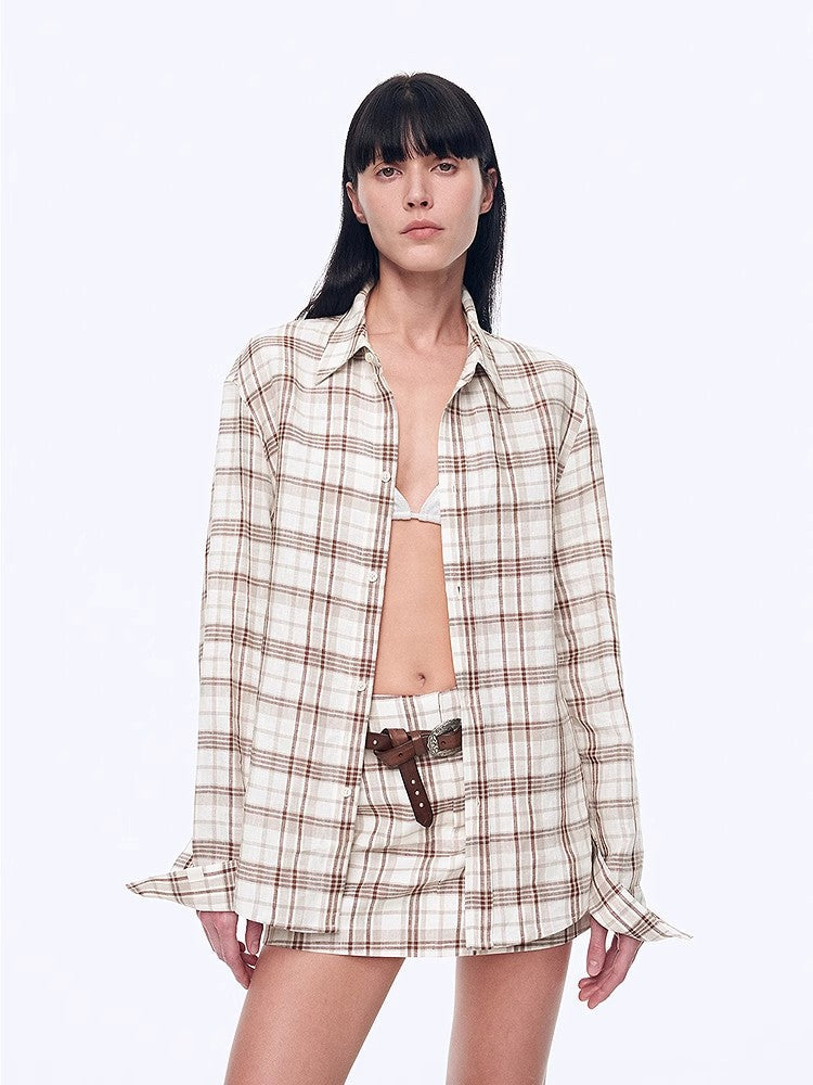 Plaid Sketch Vintage Linen Two-Piece Set – Retro Check Shirt & Skirt