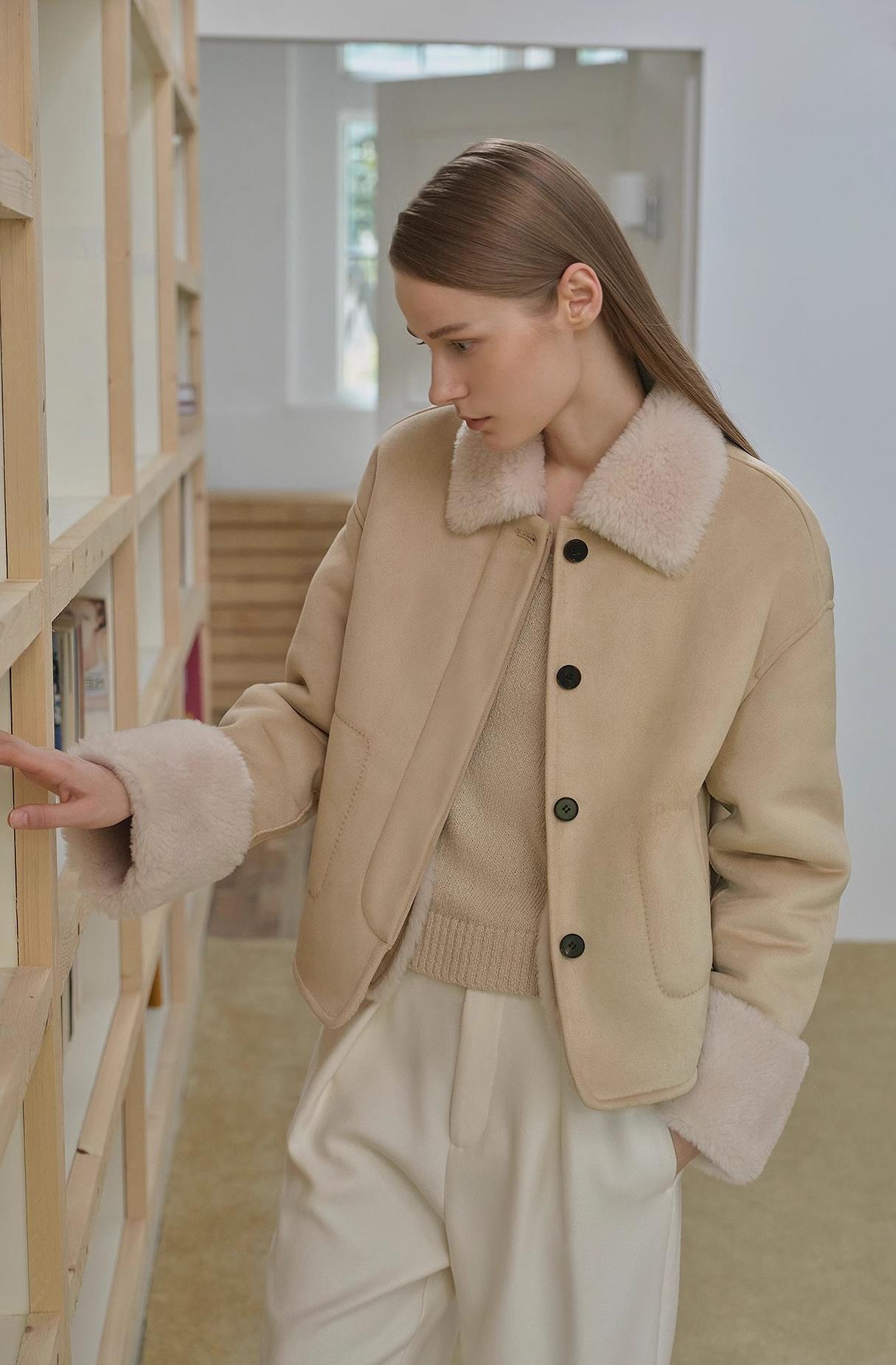 Fireladyfur Women's Casual Shearling Jacket With Furry Lapel