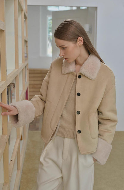 Fireladyfur Women's Casual Shearling Jacket With Furry Lapel