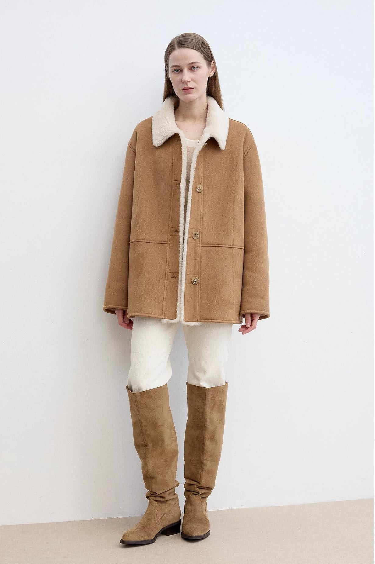 Vintage Manor High Quality Wool Contrast Lapel Reversible  Shearling Jacket