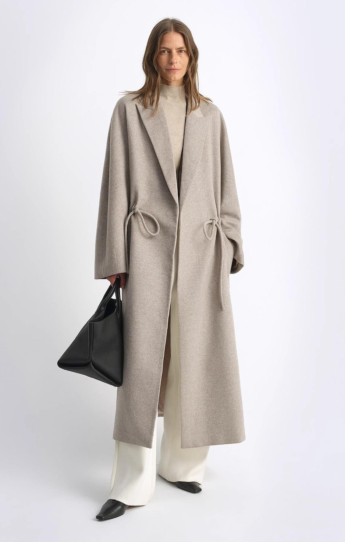 Original Wool Peaked Lapel Drawstring Coat – Elegant Mid-Length Style