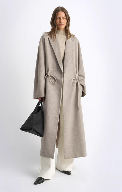 Original Wool Peaked Lapel Drawstring Coat – Elegant Mid-Length Style