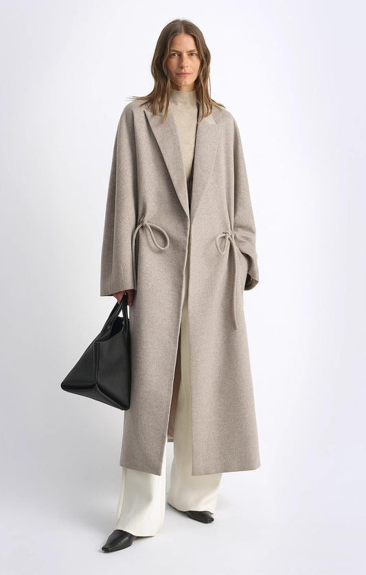 Original Wool Peaked Lapel Drawstring Coat – Elegant Mid-Length Style