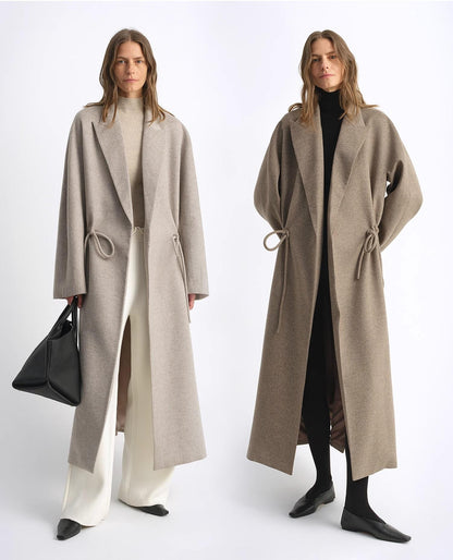 Original Wool Peaked Lapel Drawstring Coat – Elegant Mid-Length Style