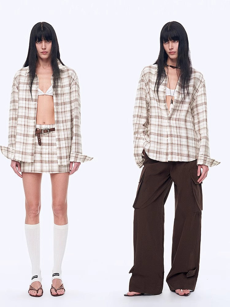 Plaid Sketch Vintage Linen Two-Piece Set – Retro Check Shirt & Skirt