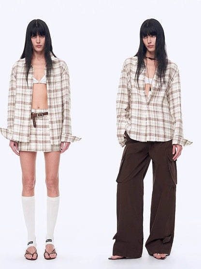 Plaid Sketch Vintage Linen Two-Piece Set – Retro Check Shirt & Skirt