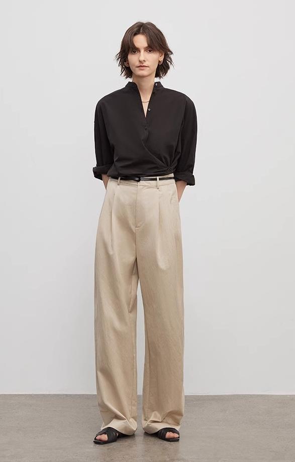 Spliced Double-Pleat Wide-Leg Trousers Straight-Leg Trousers