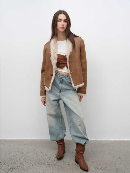 Fireladyfur Women's Reversible Standing Collar Tuscan Sheepskin Coat