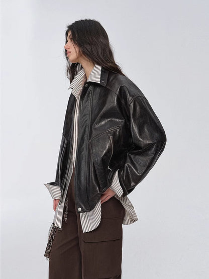 Retro and Fashionable Imported Waxed  Leather Bomber Jacket
