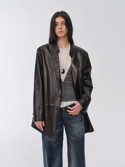 Vintage Nubuck Goatskin Leather Mid-Length Suit Jacket – Retro Heritage Meets Modern Elegance