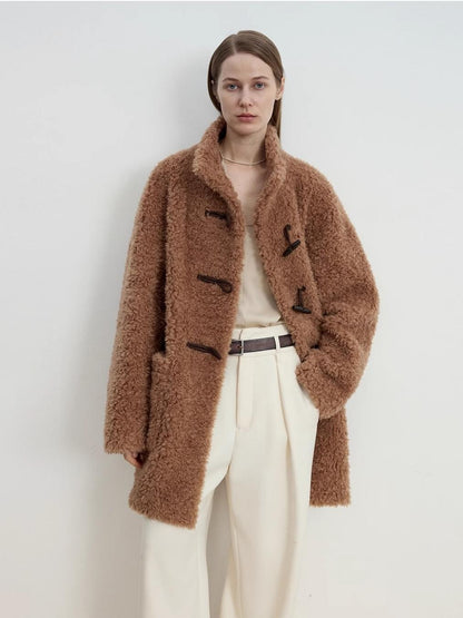 Curly Shearling Coat Velvet Stick Button Stand Collar Jacket