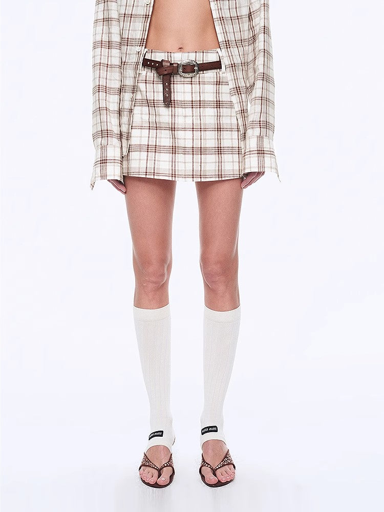 Plaid Sketch Vintage Linen Two-Piece Set – Retro Check Shirt & Skirt