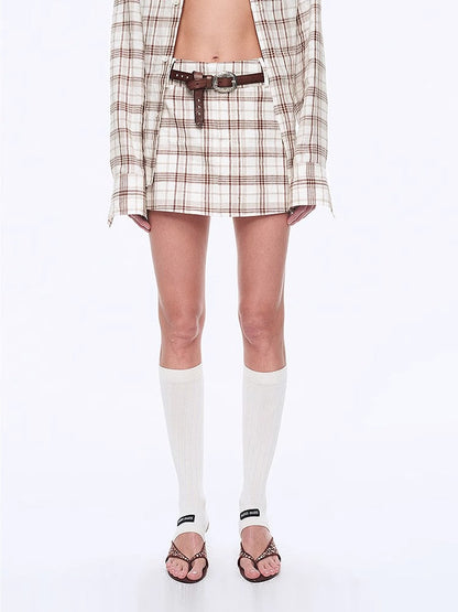 Plaid Sketch Vintage Linen Two-Piece Set – Retro Check Shirt & Skirt