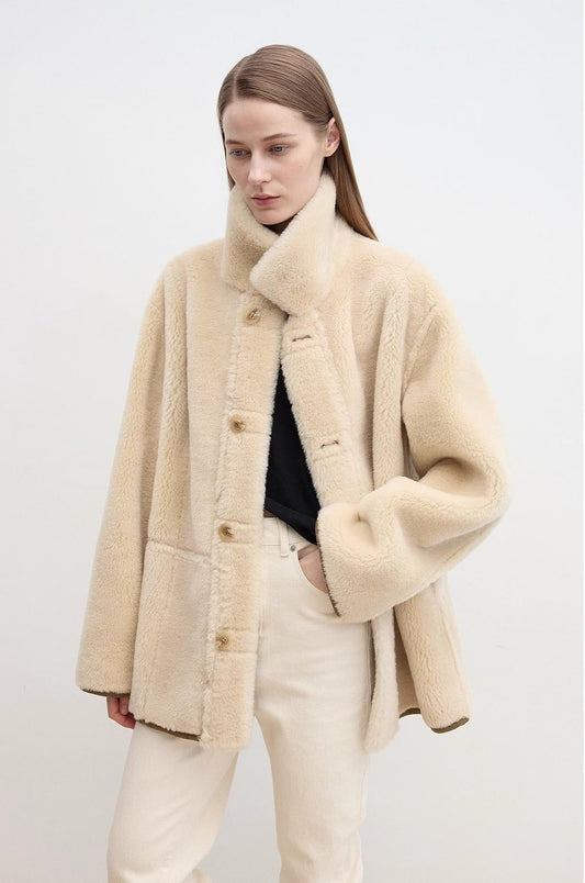 Vintage Manor High Quality Wool Contrast Lapel Reversible  Shearling Jacket