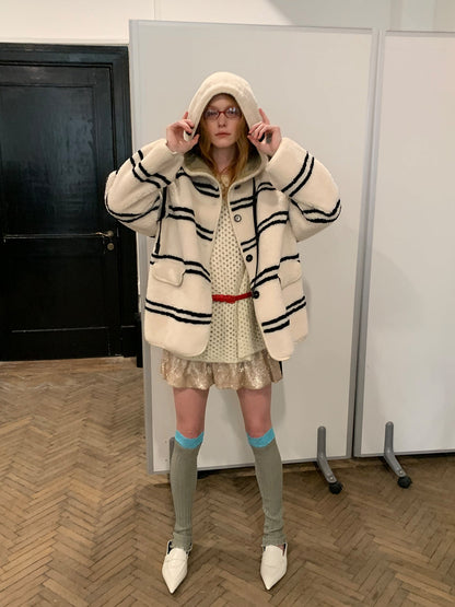 Fireladyfur Women's Lamb Wool Striped Jacket