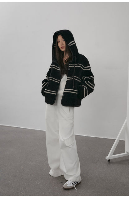 Fireladyfur Women's Lamb Wool Striped Jacket