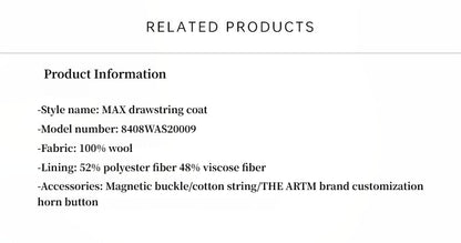 Original Wool Peaked Lapel Drawstring Coat – Elegant Mid-Length Style