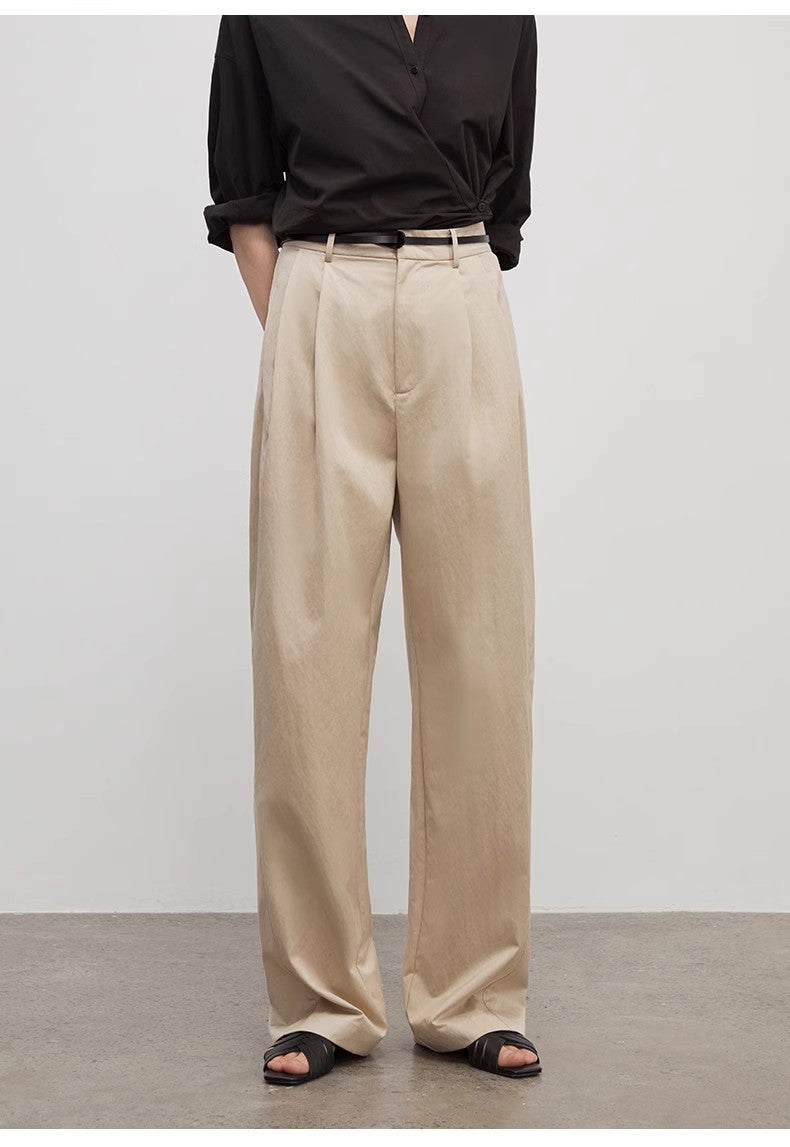 Spliced Double-Pleat Wide-Leg Trousers Straight-Leg Trousers