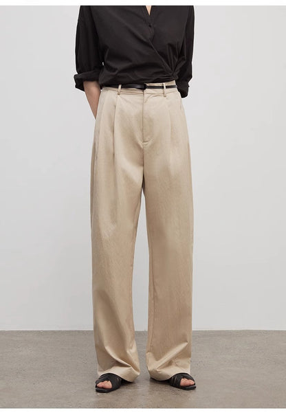 Spliced Double-Pleat Wide-Leg Trousers Straight-Leg Trousers