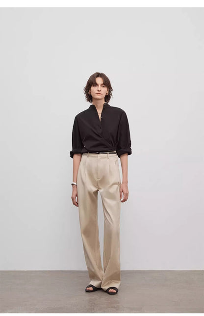 Spliced Double-Pleat Wide-Leg Trousers Straight-Leg Trousers