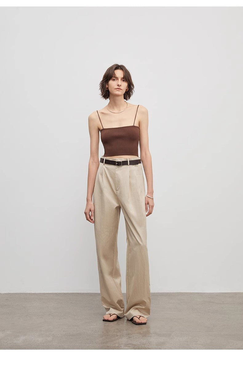 Spliced Double-Pleat Wide-Leg Trousers Straight-Leg Trousers