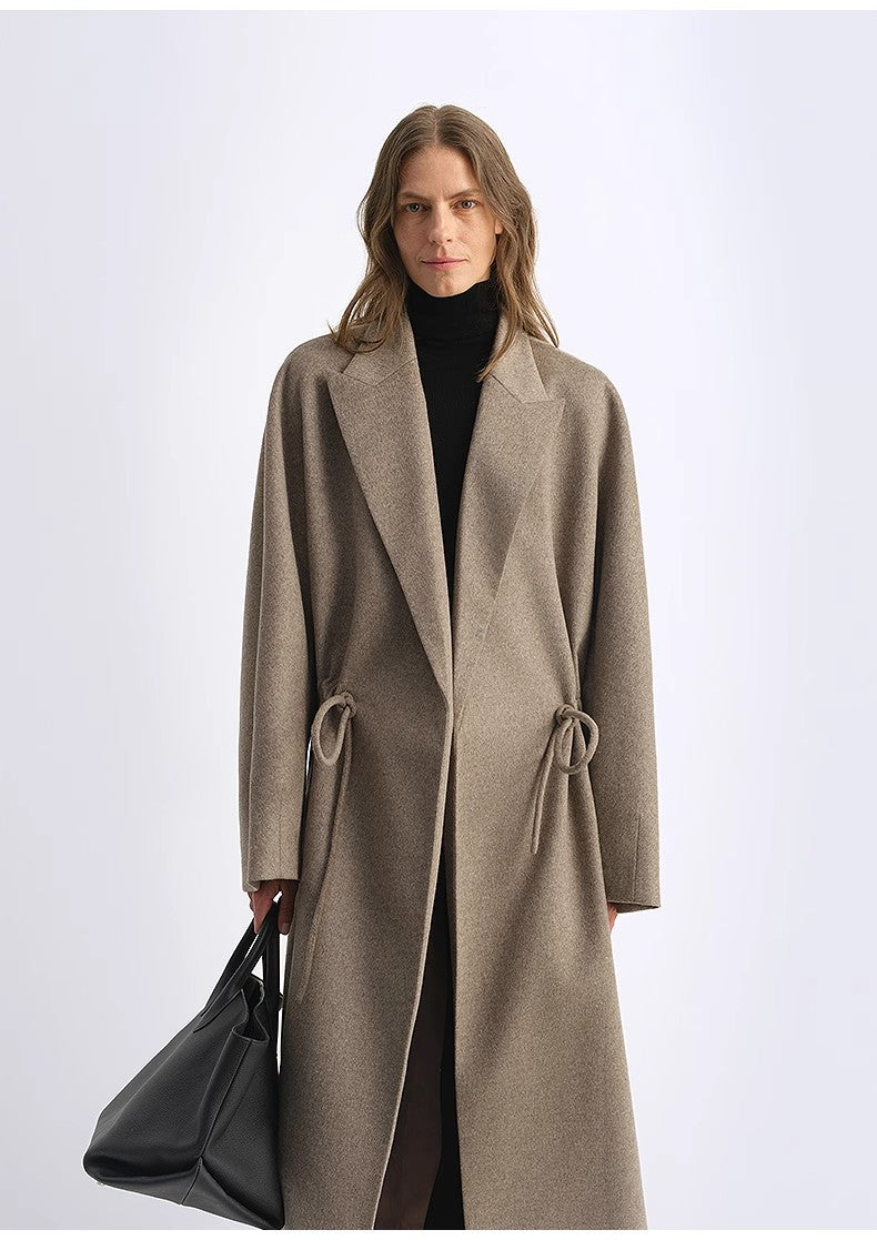 Original Wool Peaked Lapel Drawstring Coat – Elegant Mid-Length Style