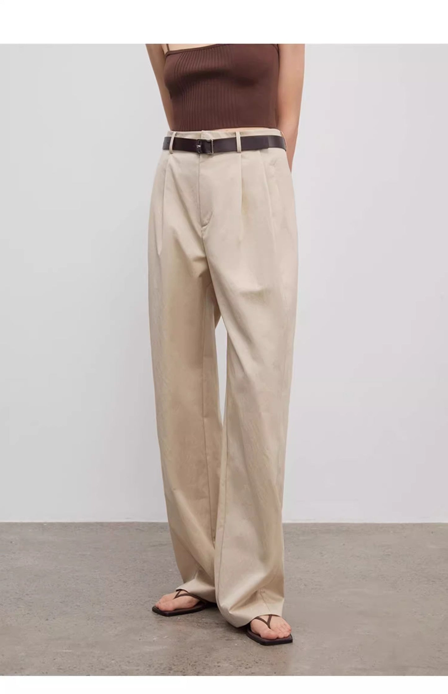 Spliced Double-Pleat Wide-Leg Trousers Straight-Leg Trousers
