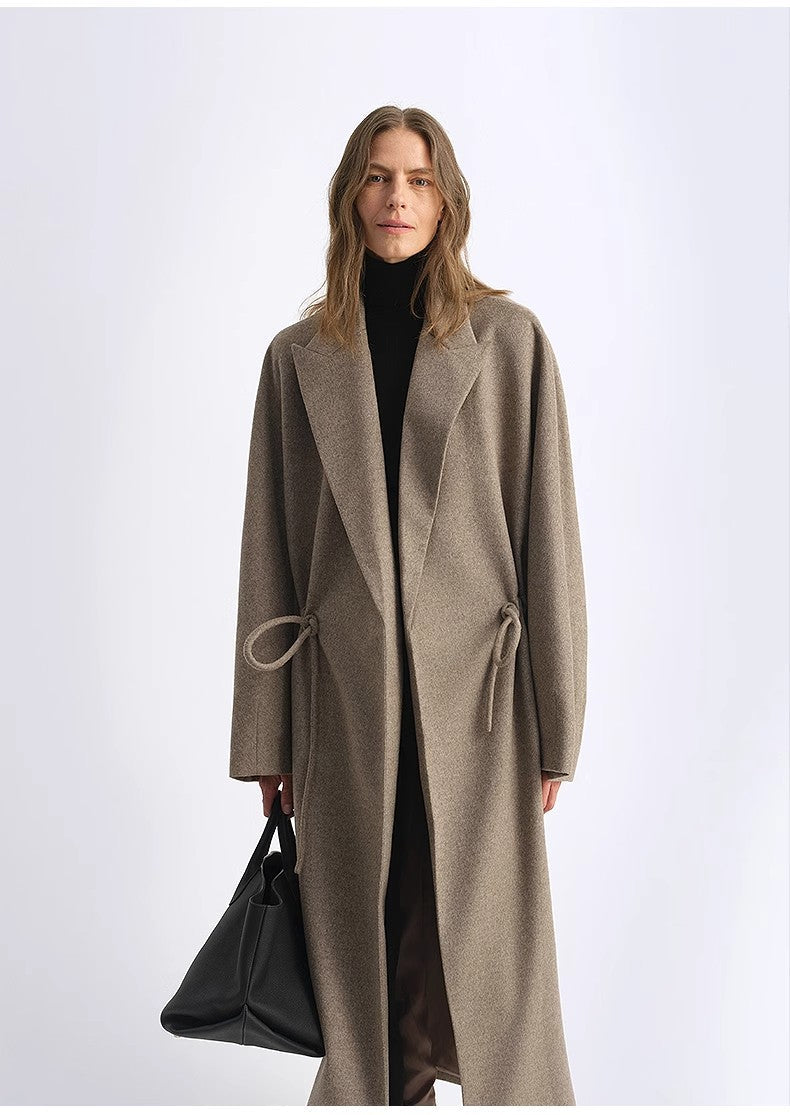 Original Wool Peaked Lapel Drawstring Coat – Elegant Mid-Length Style