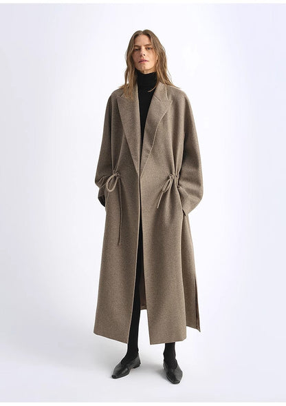 Original Wool Peaked Lapel Drawstring Coat – Elegant Mid-Length Style