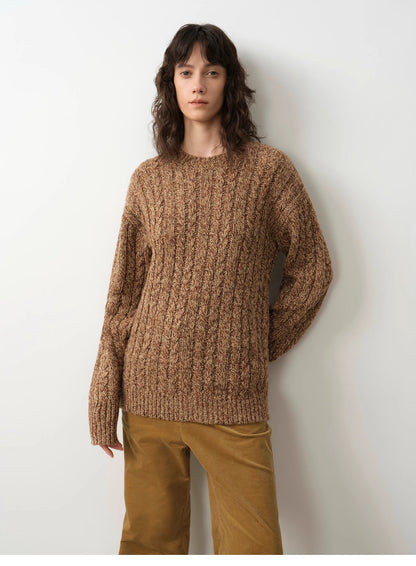 Cable-Cut Round Neck Wool Blend Sweater
