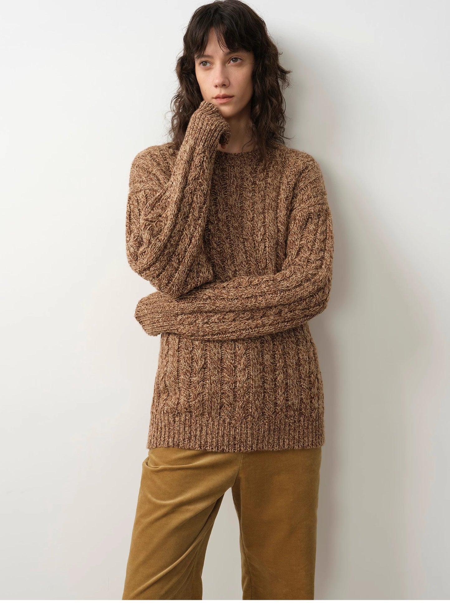 Cable-Cut Round Neck Wool Blend Sweater