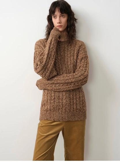 Cable-Cut Round Neck Wool Blend Sweater