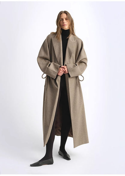 Original Wool Peaked Lapel Drawstring Coat – Elegant Mid-Length Style
