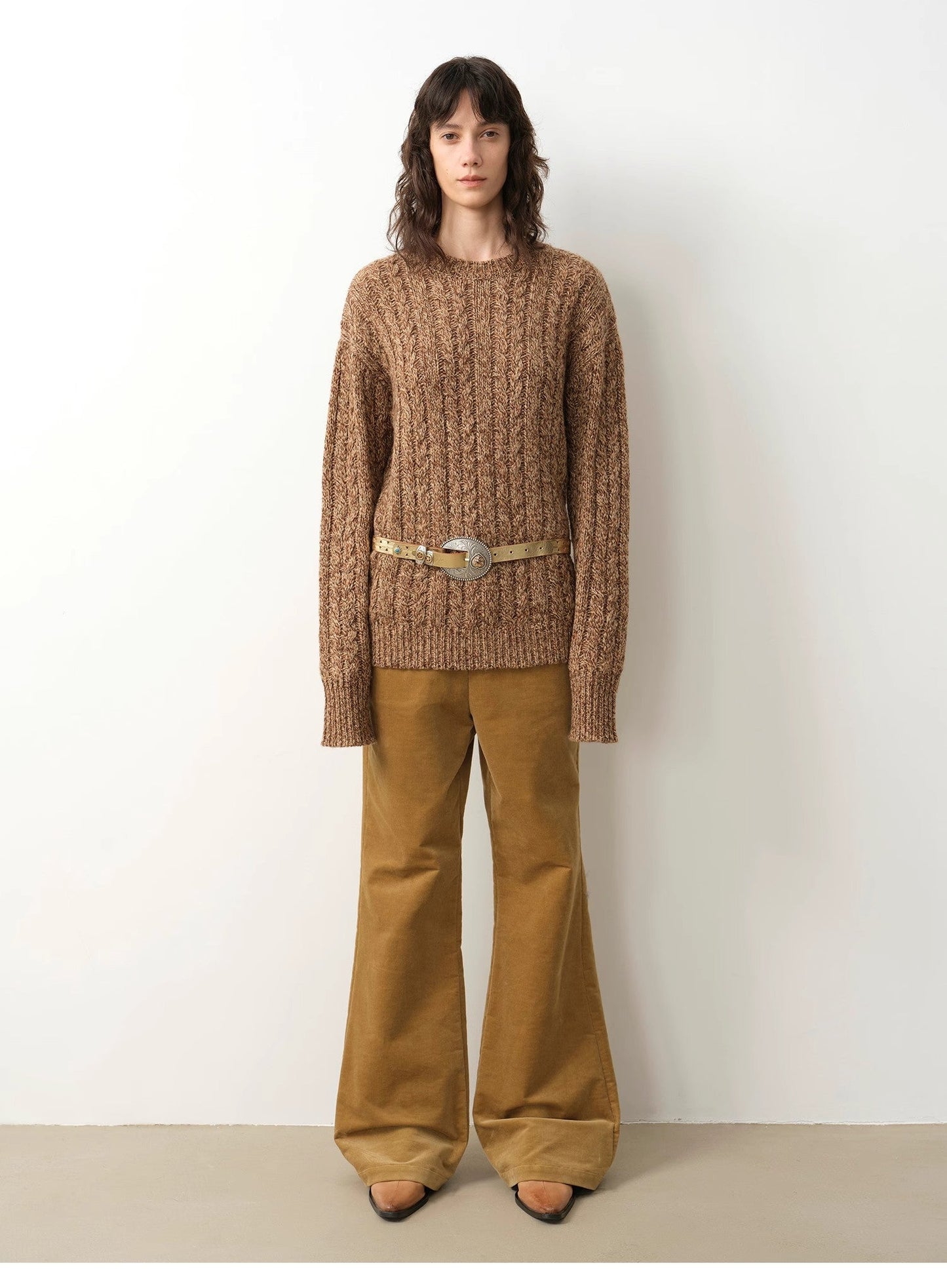 Cable-Cut Round Neck Wool Blend Sweater