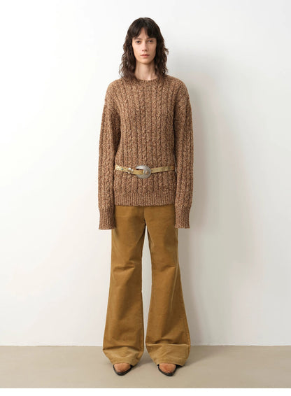 Cable-Cut Round Neck Wool Blend Sweater