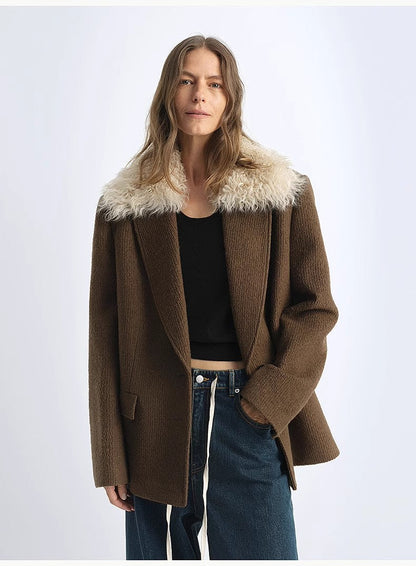 Wool Tweed Coat With Detachable Fur Collar – Retro Luxe