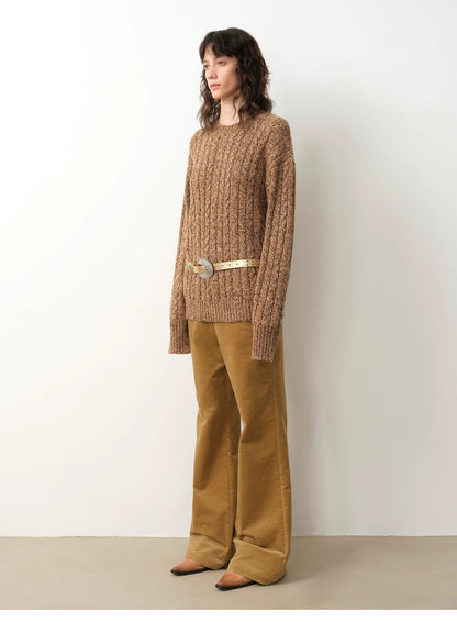 Cable-Cut Round Neck Wool Blend Sweater