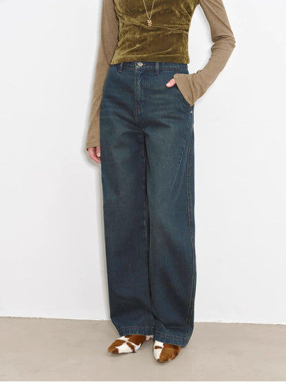 Slim and Durable Mid-Rise Curved Knife Cotton Washed Jeans