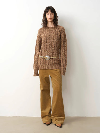 Cable-Cut Round Neck Wool Blend Sweater