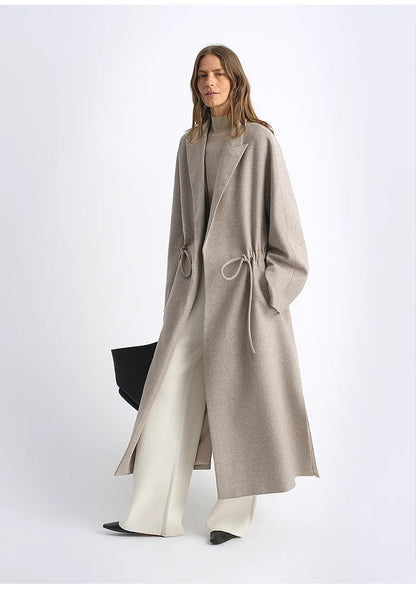 Original Wool Peaked Lapel Drawstring Coat – Elegant Mid-Length Style