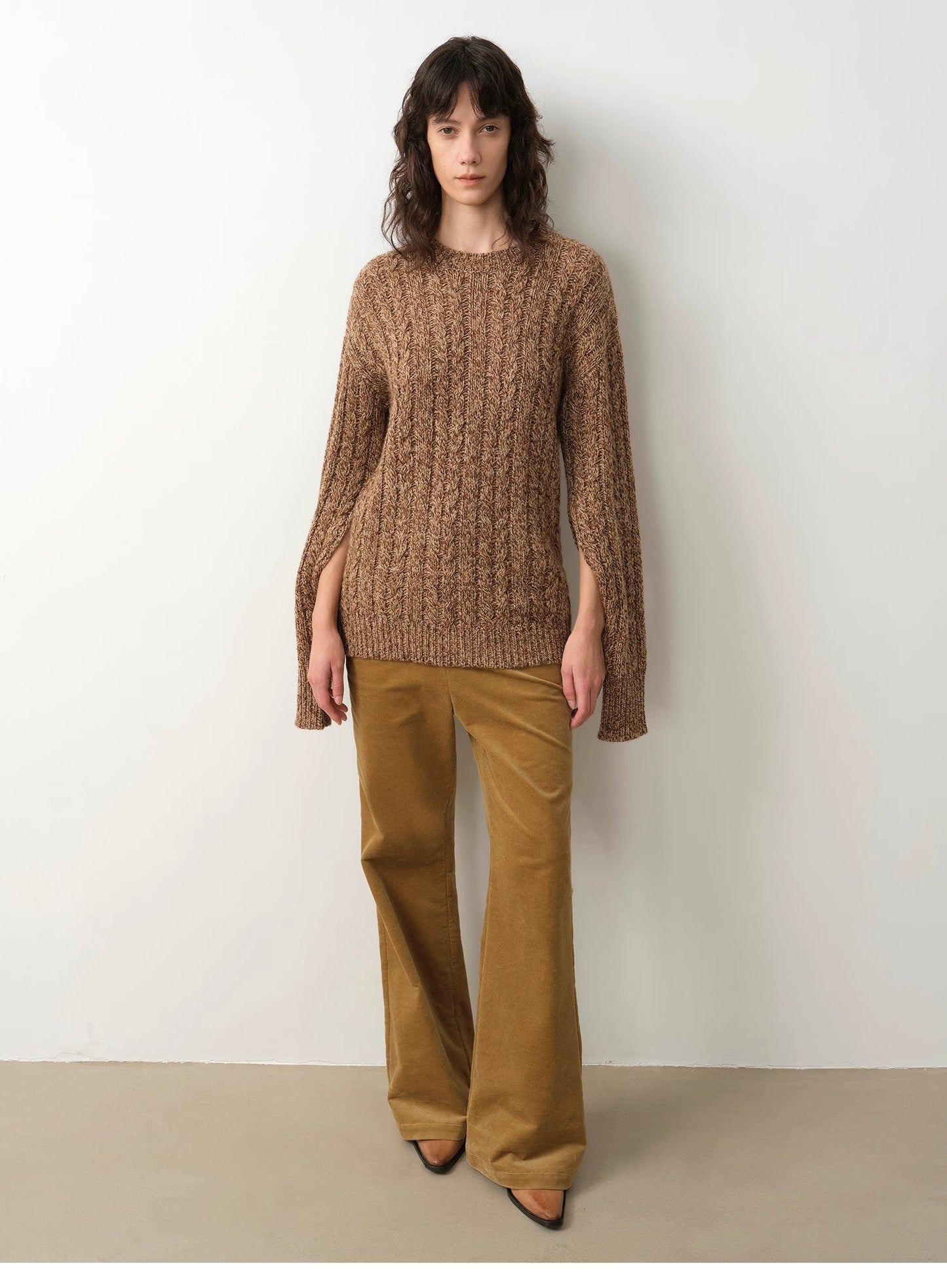 Cable-Cut Round Neck Wool Blend Sweater