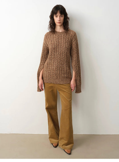Cable-Cut Round Neck Wool Blend Sweater